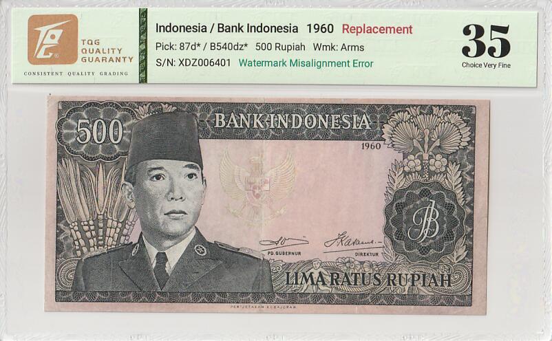 2025十一月第五期，总第203期 印度尼西亚1960版500卢比TQG35分国徽水印，稀有补号X前缀+水印移位错版，双重少见更加稀有