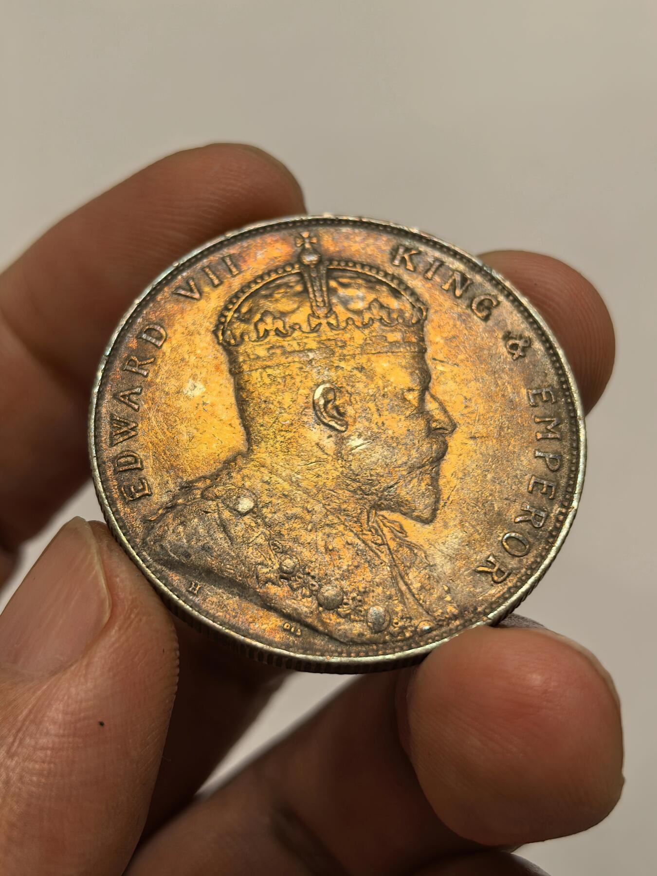 博洋堂世界钱币拍卖第147期（全场包邮） 英国1907年爱德华七世海峡一元银币，深打原味五彩包浆，流通美品