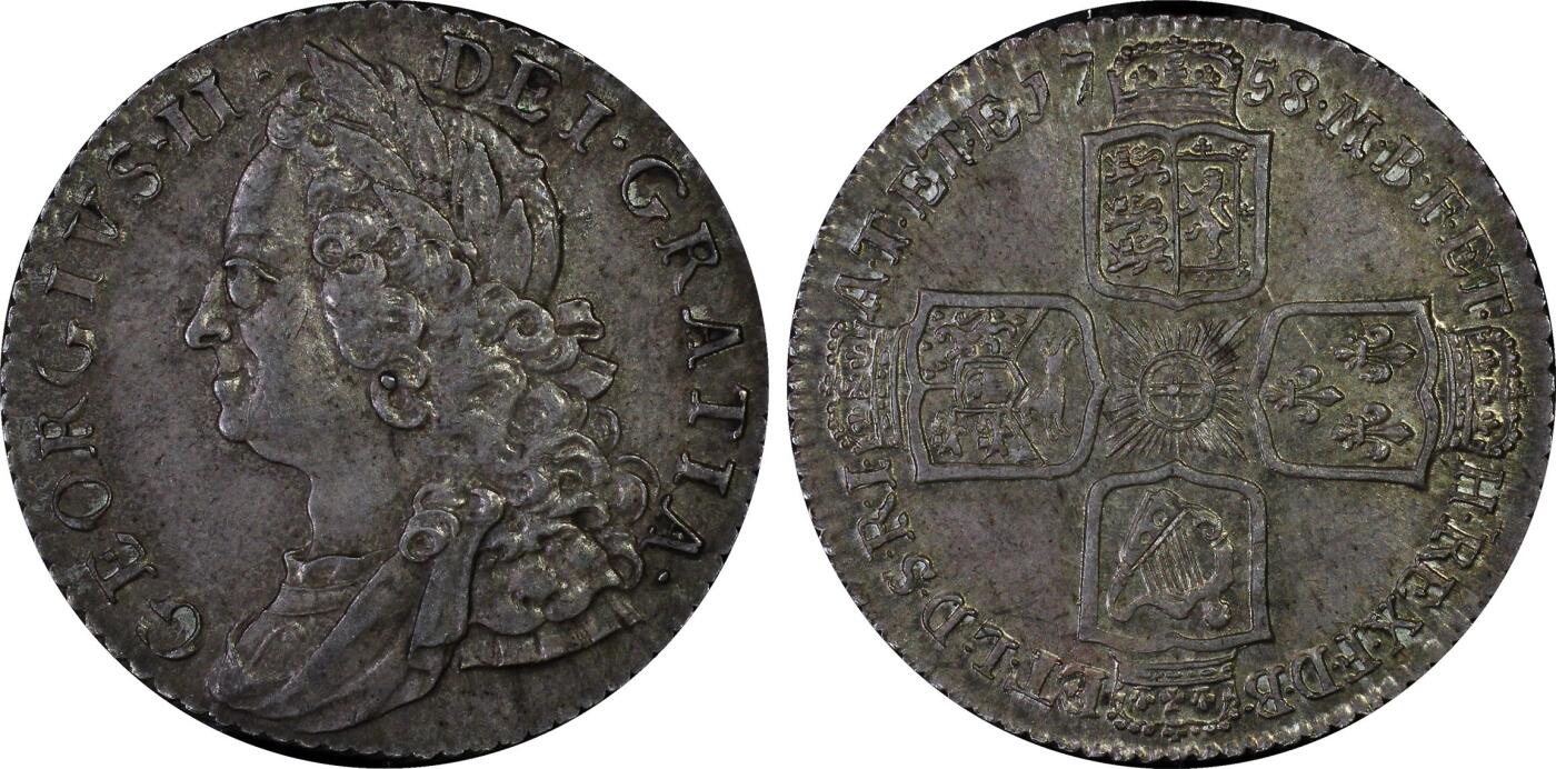 博洋堂世界钱币拍卖第147期（全场包邮） PCGS MS63 英国1758年乔二先令银币，经典欧洲包浆，深打状态，收藏佳品。