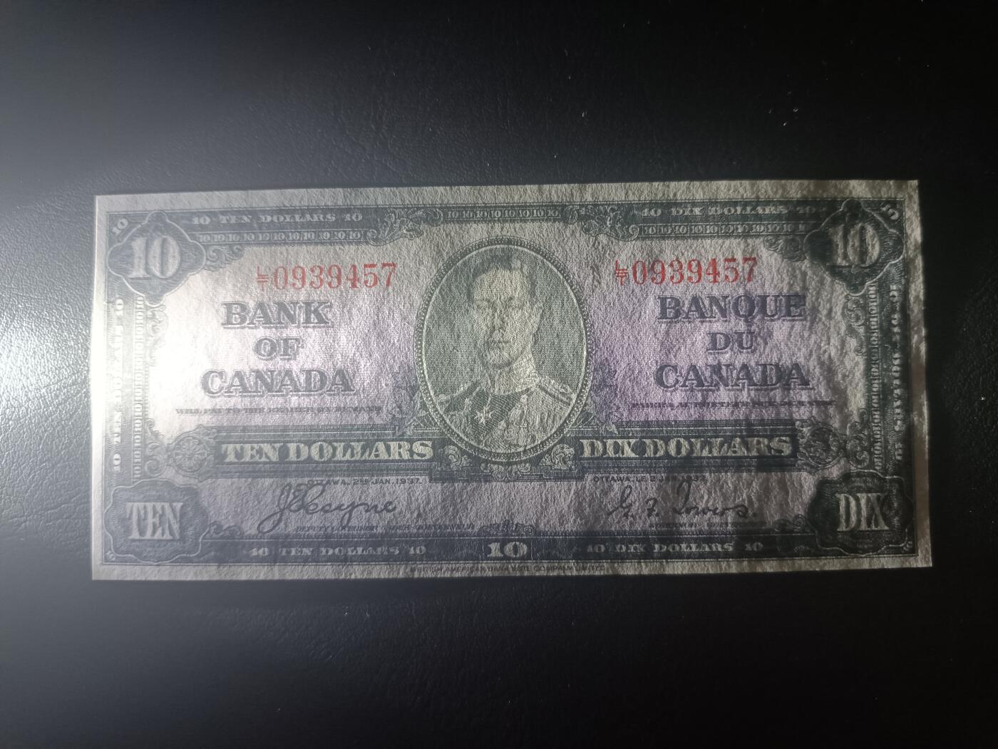 2025十一月第五期，总第203期 加拿大1937版10元AUNC，乔治六世国王和商业神墨丘利，稀有中高面值品种