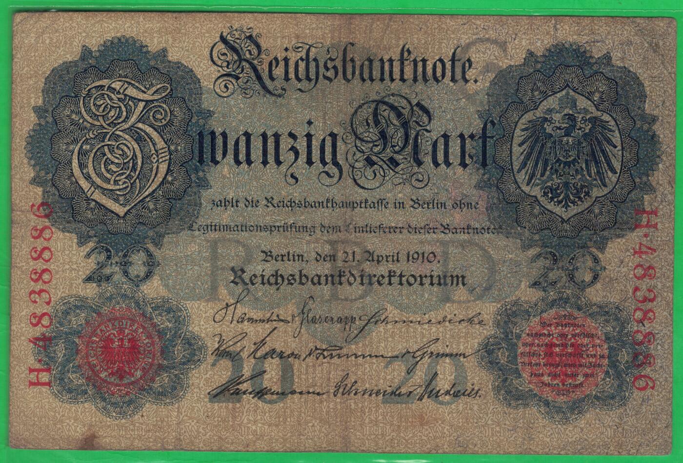 德国1910年20马克 P-40b 无水印 加盖字母G 7位号 888中间豹子号 实物图