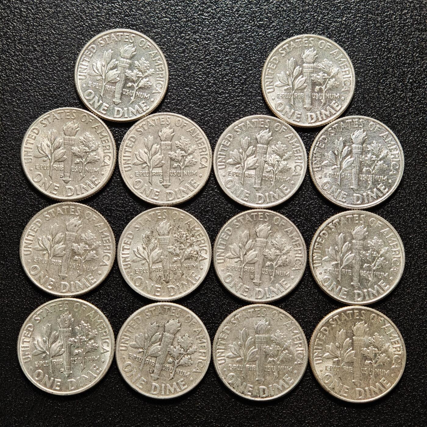 【德藏】世界币章拍卖第154期（拍品征集中~欢迎藏友联系） 14枚一组 美国10分银币 直径约：17.7mm/枚；重约：2.5g/枚