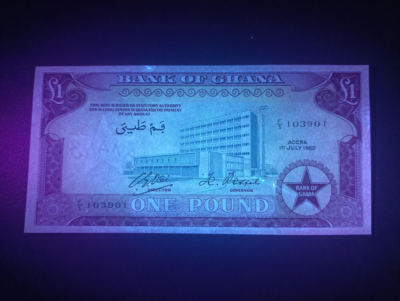 2025十一月第五期，总第203期 加纳1962年1镑UNC-无47，央行大楼和收获可可豆