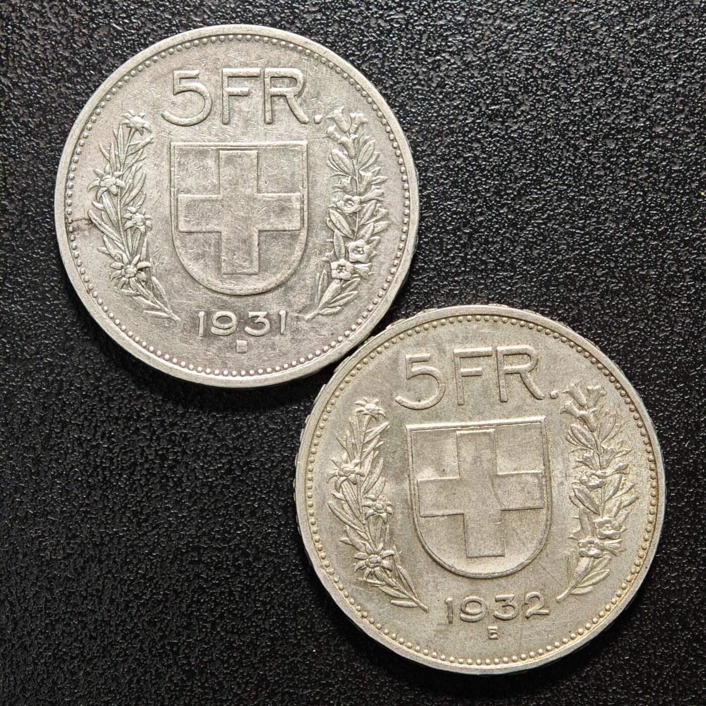 【德藏】世界币章拍卖第154期（拍品征集中~欢迎藏友联系） 2枚一组 1931-32年 瑞士5法郎银币 直径约：31.1mm/枚；重约：14.9g/枚