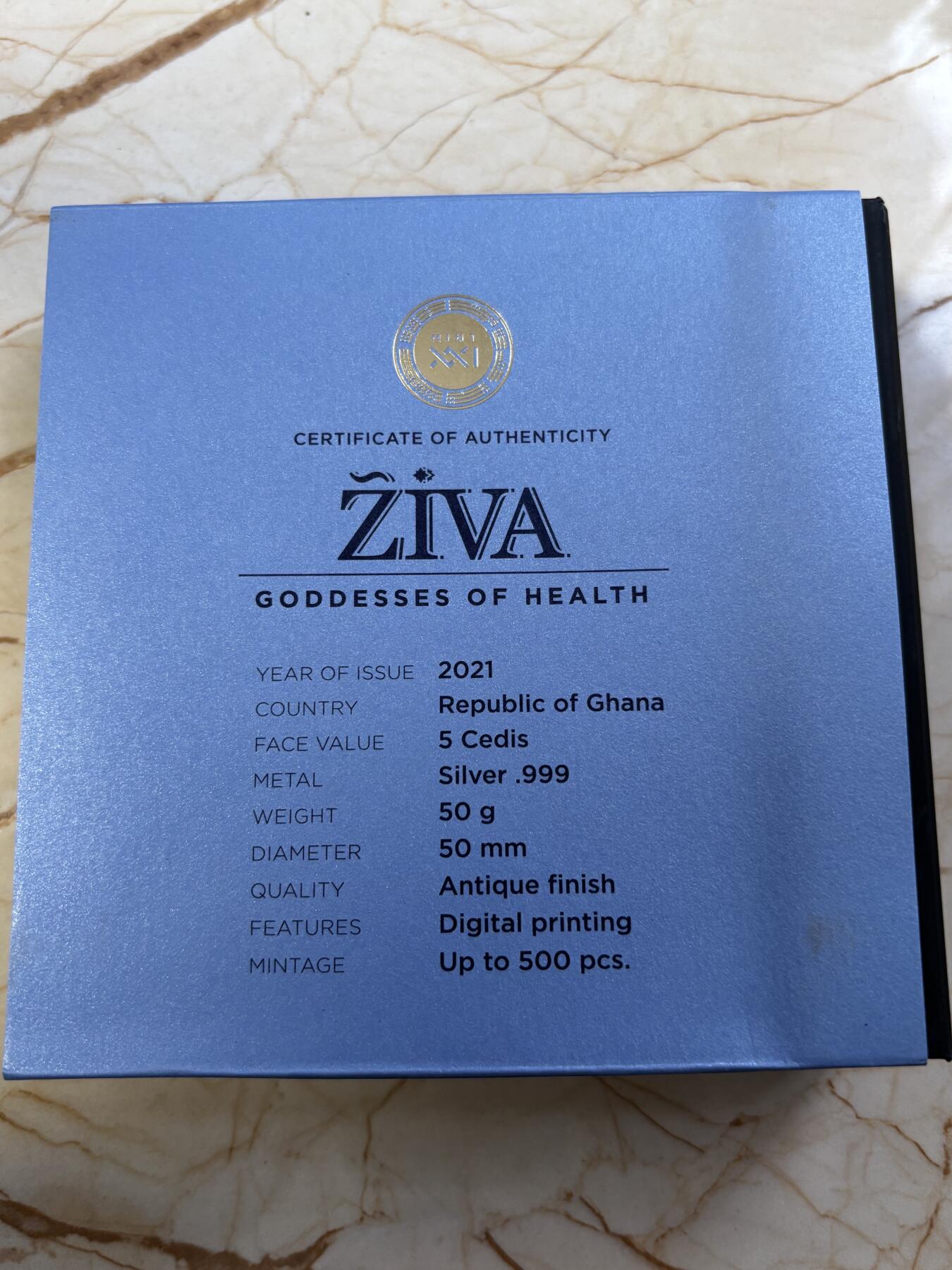 第182期拍卖 加纳2021年穆夏健康女神Ziva彩色50克仿古纪念银币，999银，发行500枚