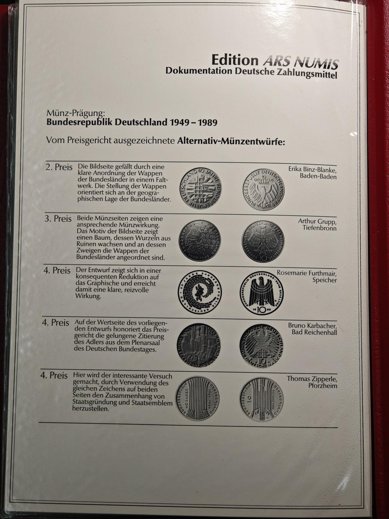 【德藏】世界币章拍卖第154期（拍品征集中~欢迎藏友联系） 1989年 德意志联邦成立40周年钱币铸造档案样币纪念册 带设计师亲笔签名