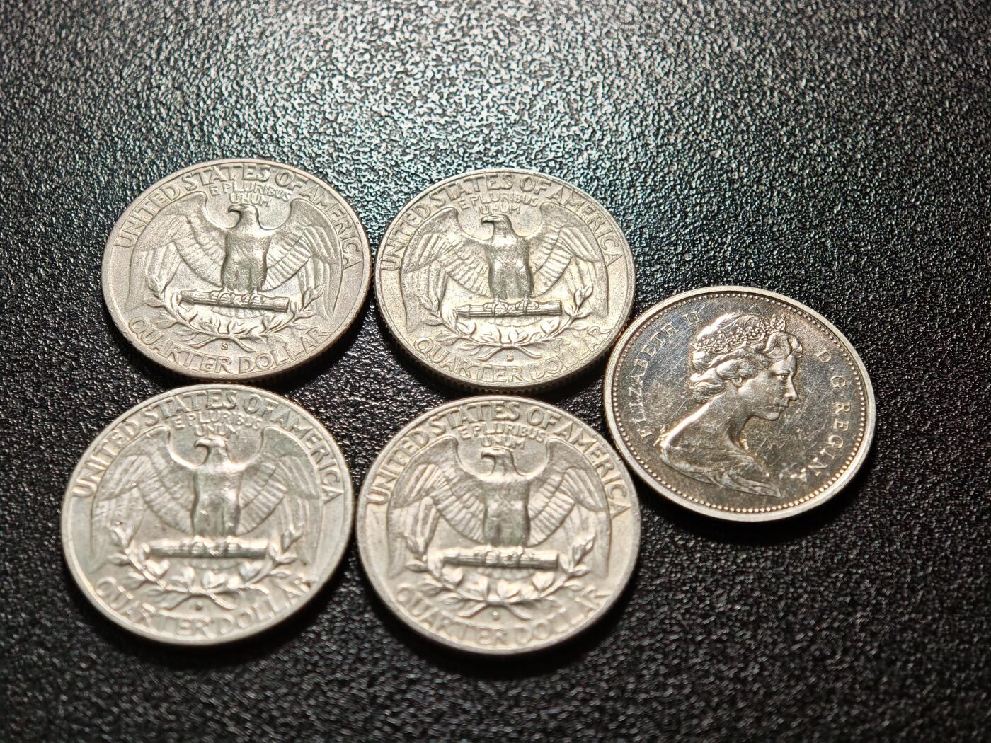 【德藏】世界币章拍卖第154期（拍品征集中~欢迎藏友联系） 5枚一组 美国及加拿大25分银币 直径约：24.1mm/美，23.7mm/加；重约：6.3g/美，5.8g/加