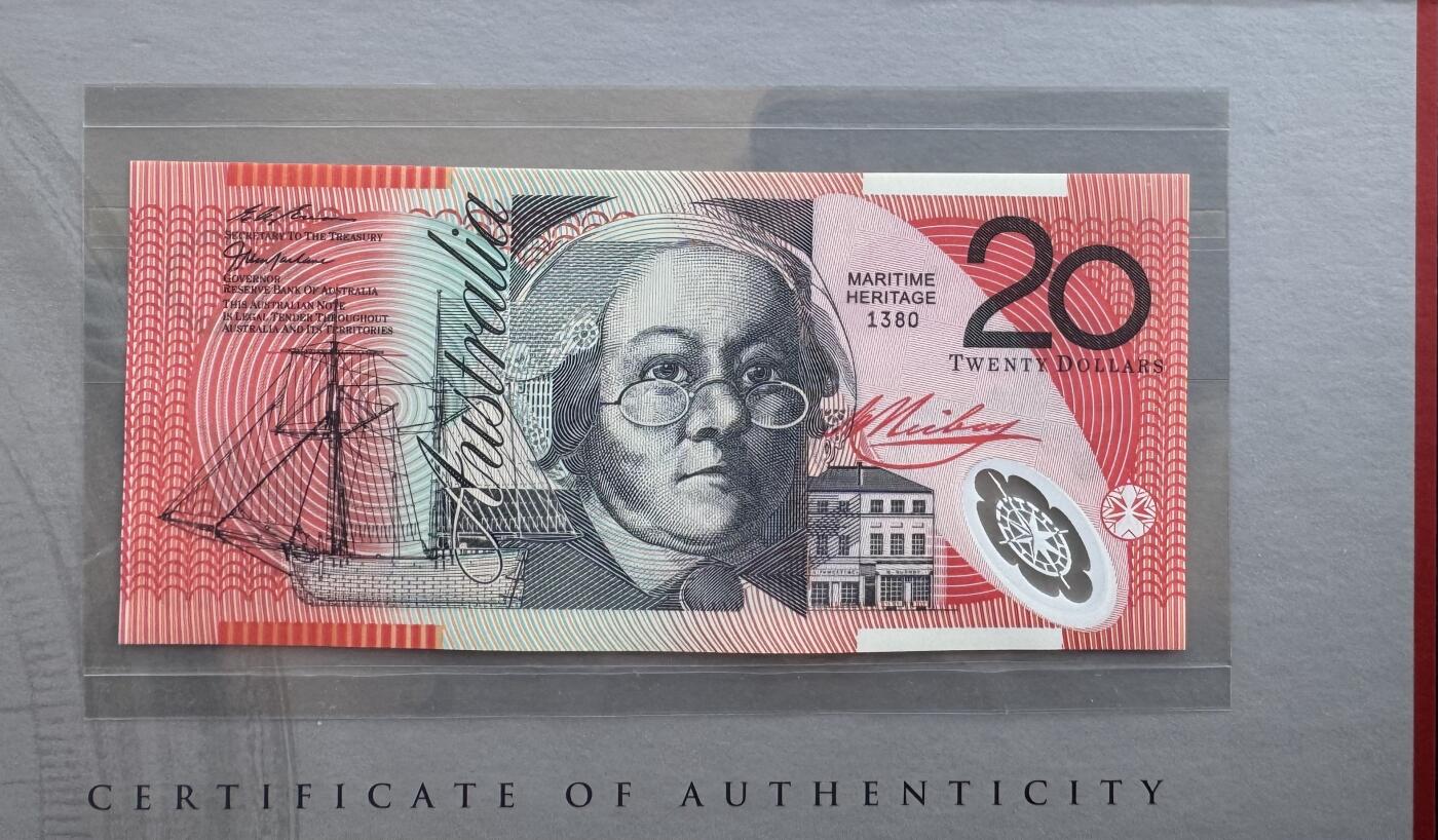 2025第25场（总第225期）：精品测试钞、纪念钞、塑料钞、连体钞综合场 黑字版MH99冠 澳大利亚海上文化遗产20元塑料纪念钞特殊加盖册装UNC（第1380号）