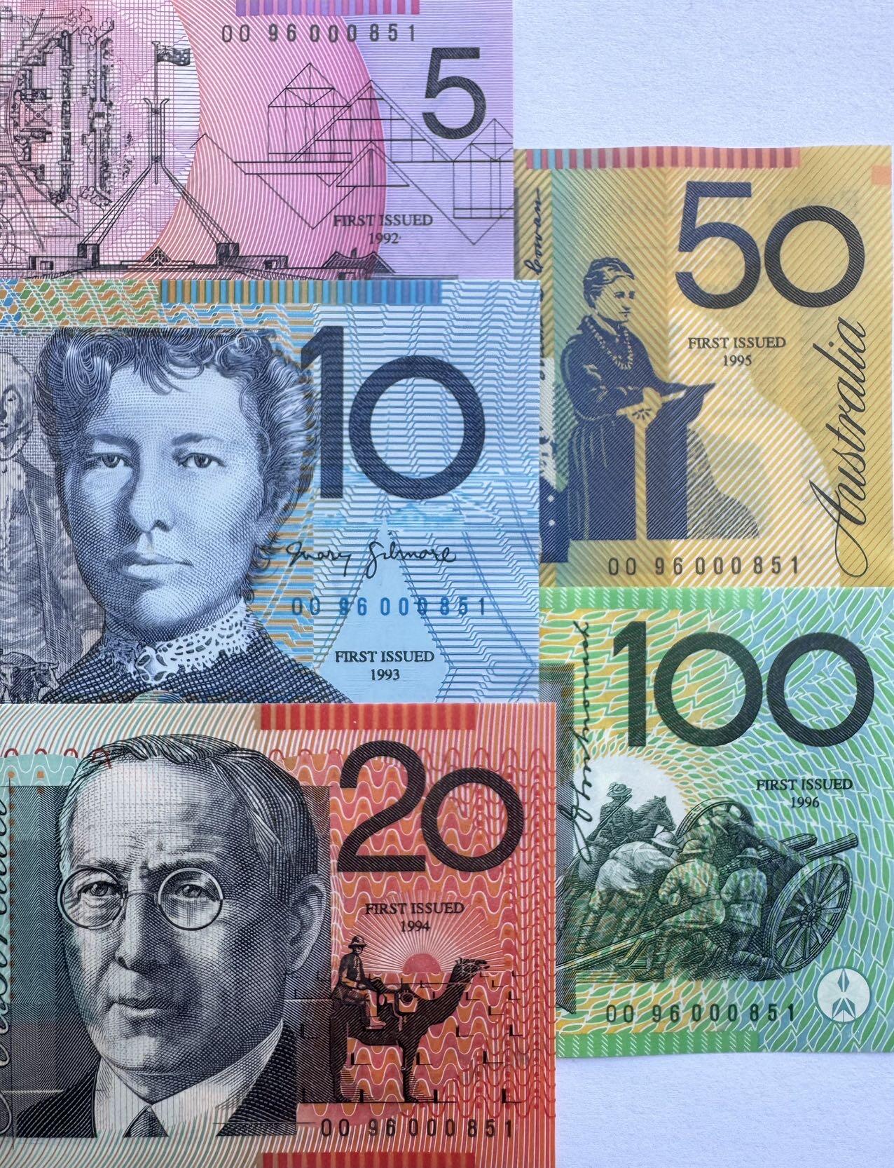 2025第25场（总第225期）：精品测试钞、纪念钞、塑料钞、连体钞综合场 OO96特殊冠 澳大利亚1996年全套塑料钞发行完毕特殊加盖纪念版5-100澳元全套同号册装UNC（第851号）