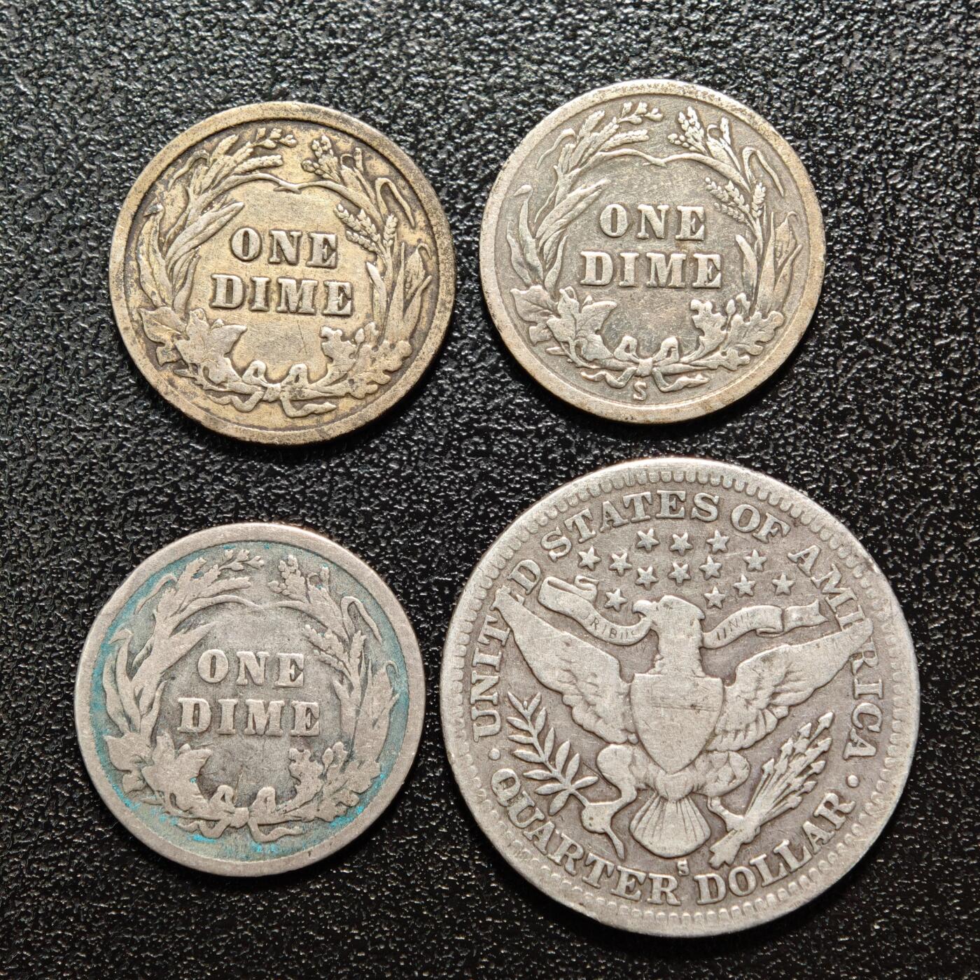 【德藏】世界币章拍卖第154期（拍品征集中~欢迎藏友联系） 4枚一组 美国10分25分银币 直径约：17.7mm/小，24mm/大；重约：2.2g/小，6g/大