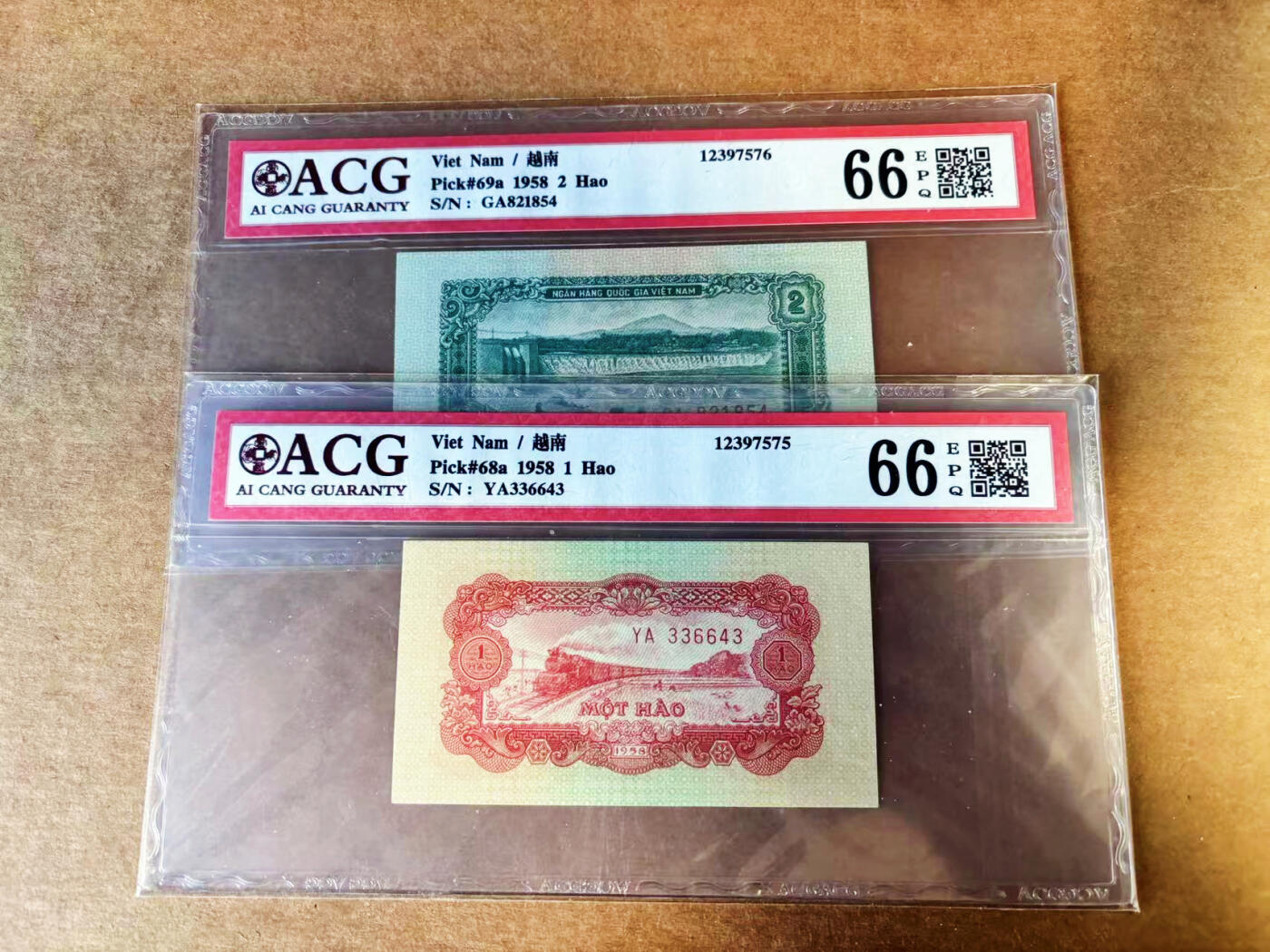 【Blue Auction】世界纸币精拍第753期——18级TOP拍卖/信誉/品质/专业/高效💫 【一组2张】越南 1958年1-2毫 ACG66EPQ