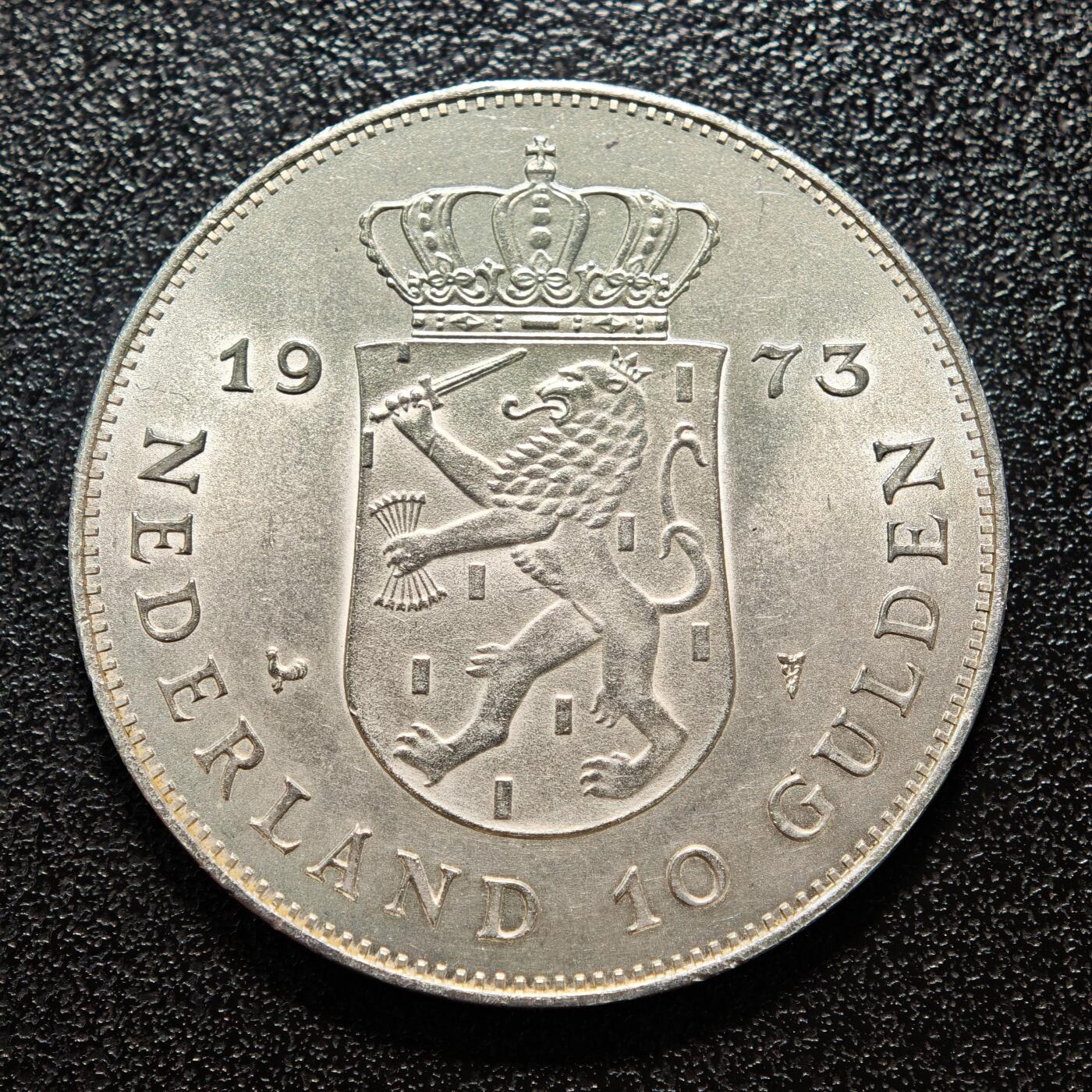 【德藏】世界币章拍卖第154期（拍品征集中~欢迎藏友联系） 1973年 荷兰朱丽安娜女王登基25周年10盾纪念大银币 直径约：37.7mm；重约：24.8g