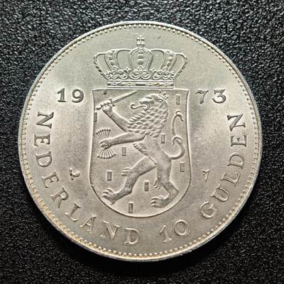 【德藏】世界币章拍卖第154期（拍品征集中~欢迎藏友联系） - 1973年 荷兰朱丽安娜女王登基25周年10盾纪念大银币 直径约：37.7mm；重约：24.8g