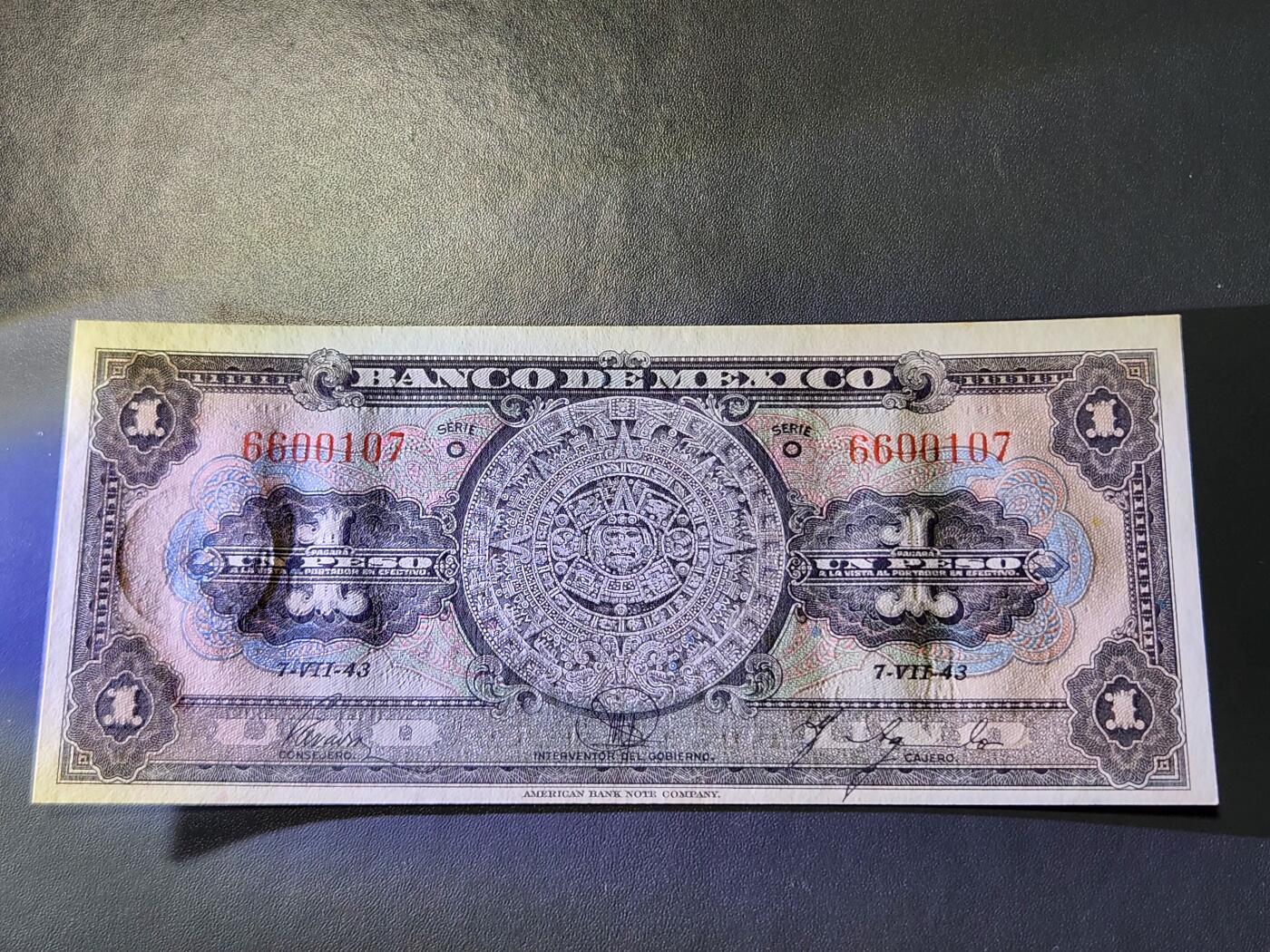 11月23号晚上8点 外国纸币自动截拍第63场 墨西哥1943年 第一版 稀少 新品