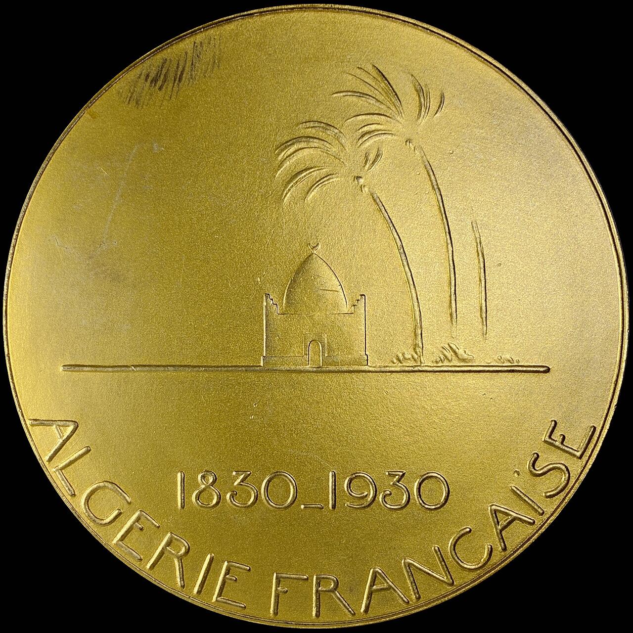 【雨安】【直播拍卖】【世界币章115期-裸币】2025-11-21 周五 19:30 保真 [章] Algeria 章 阿尔及利亚 1930年(1982年重铸) 第三共和国 镀金银章 150克, 67mm