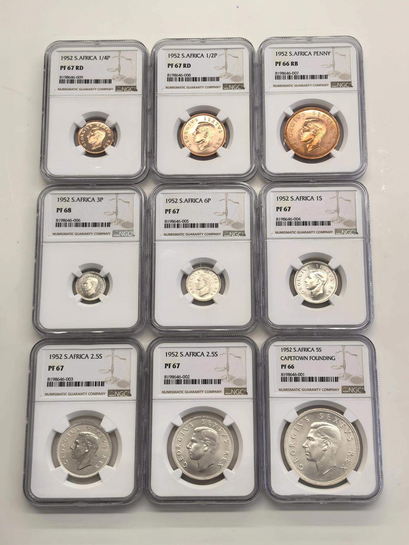 博洋堂世界钱币拍卖第147期（全场包邮） NGC PF66-68 英属南非1952年发现开普敦300周年套币 乔治六世 5先令﹣1/4便士 6枚银币分数介于66/68 3枚铜币品相近乎紫铜光绝品 整套状态一绝 高分一套集齐无需拼凑 附带造币厂原绒布盒 外拍高涨品种 参考HA2025年类似分数一套成交价1080美元
