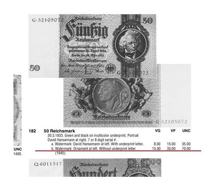 德国第三帝国1933年银行家50马克 无字母花纹水印版 极美品