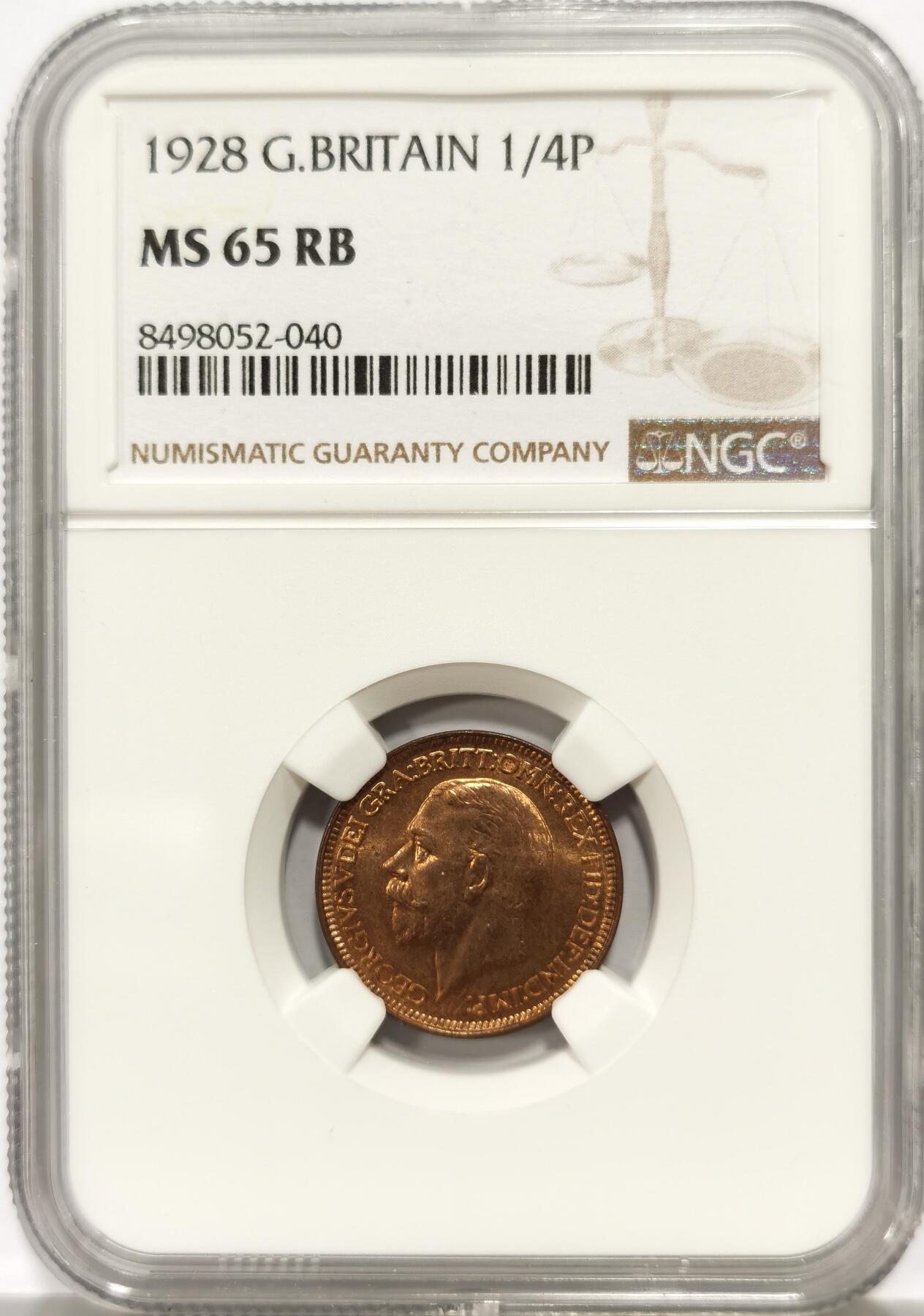 博洋堂世界钱币拍卖第147期（全场包邮） NGC MS65RB 英国1928年乔治五世小法新铜币 又名1/4便士 卷拆高分 铜色闪闪 似金币般耀眼 少见未流通 无氧化状态