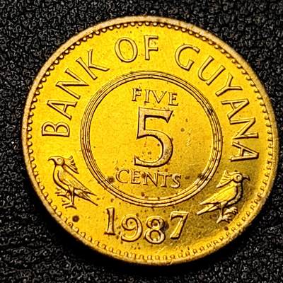 泉币菌-第135场-精品福利场 - 莲花 圭亚那1987年5分镍黄铜硬币 小鸟 19.5毫米 2.5克