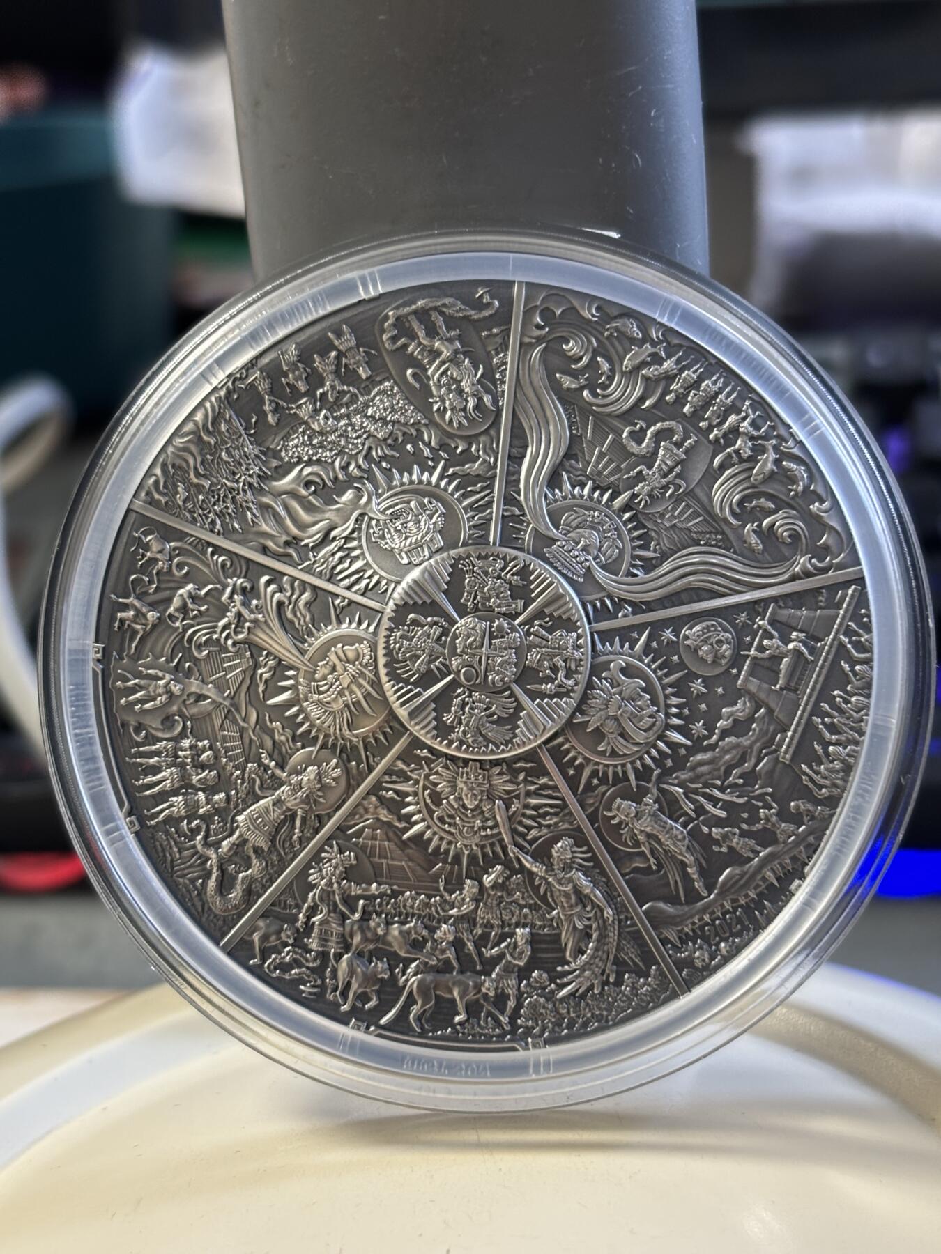 第182期拍卖 帕劳2021年人类创造世界系列1阿兹特克五太阳3盎司银币，999银，发行333枚