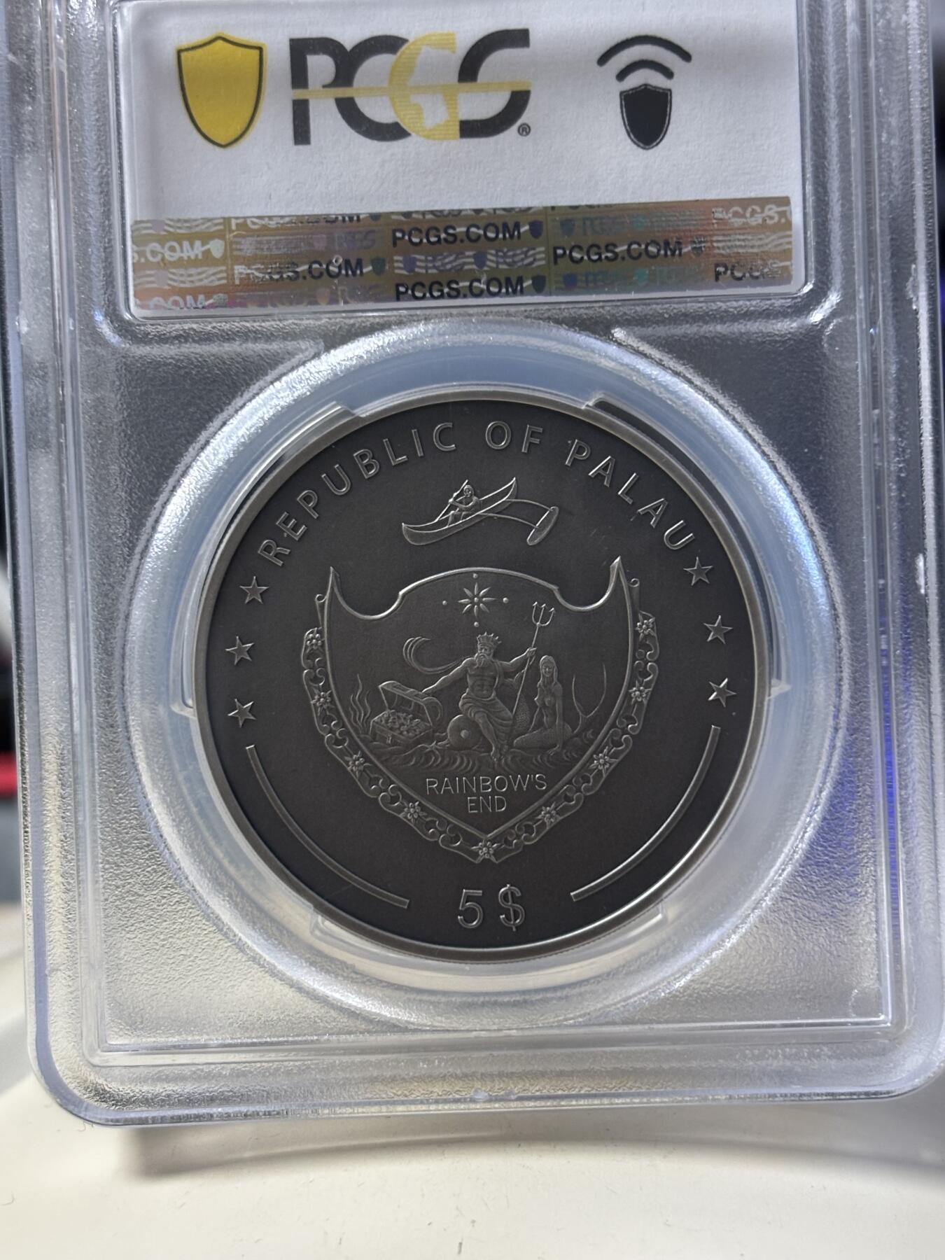 第182期拍卖 帕劳2024年扑克警卫镀金仿古浮雕纪念银币PCGS-SP70首无盒无证书，1盎司。9999银，发行1111枚，