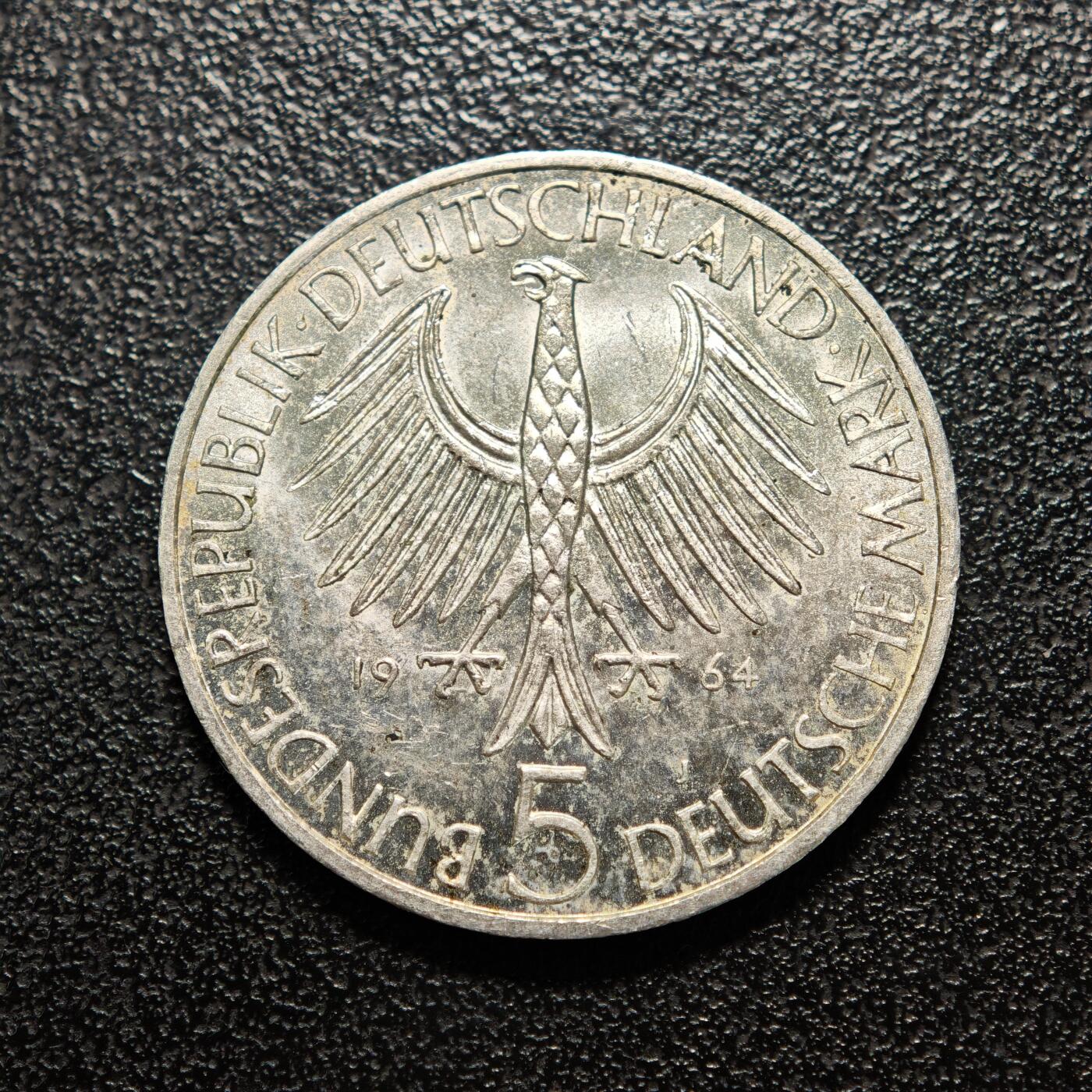 【德藏】世界币章拍卖第154期（拍品征集中~欢迎藏友联系） 1964年 德国约翰·费希特逝世150周年5马克纪念银币 直径约：28.9mm；重约：11.1g