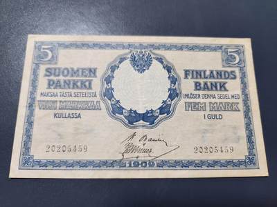 11月23号晚上8点 外国纸币自动截拍第63场 - 芬兰大公国1909年5马克 极少