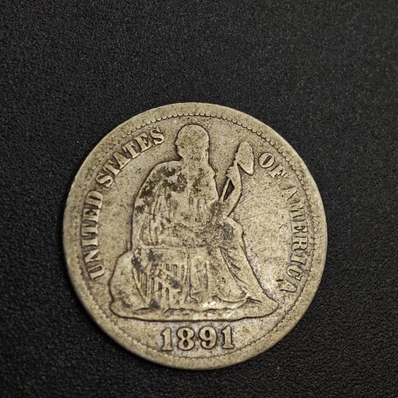 【淘币小摊】实时拍第八百零二拍   散币场   满百包邮可预留二周 每周一统一发货   美国1891年坐人10分银币