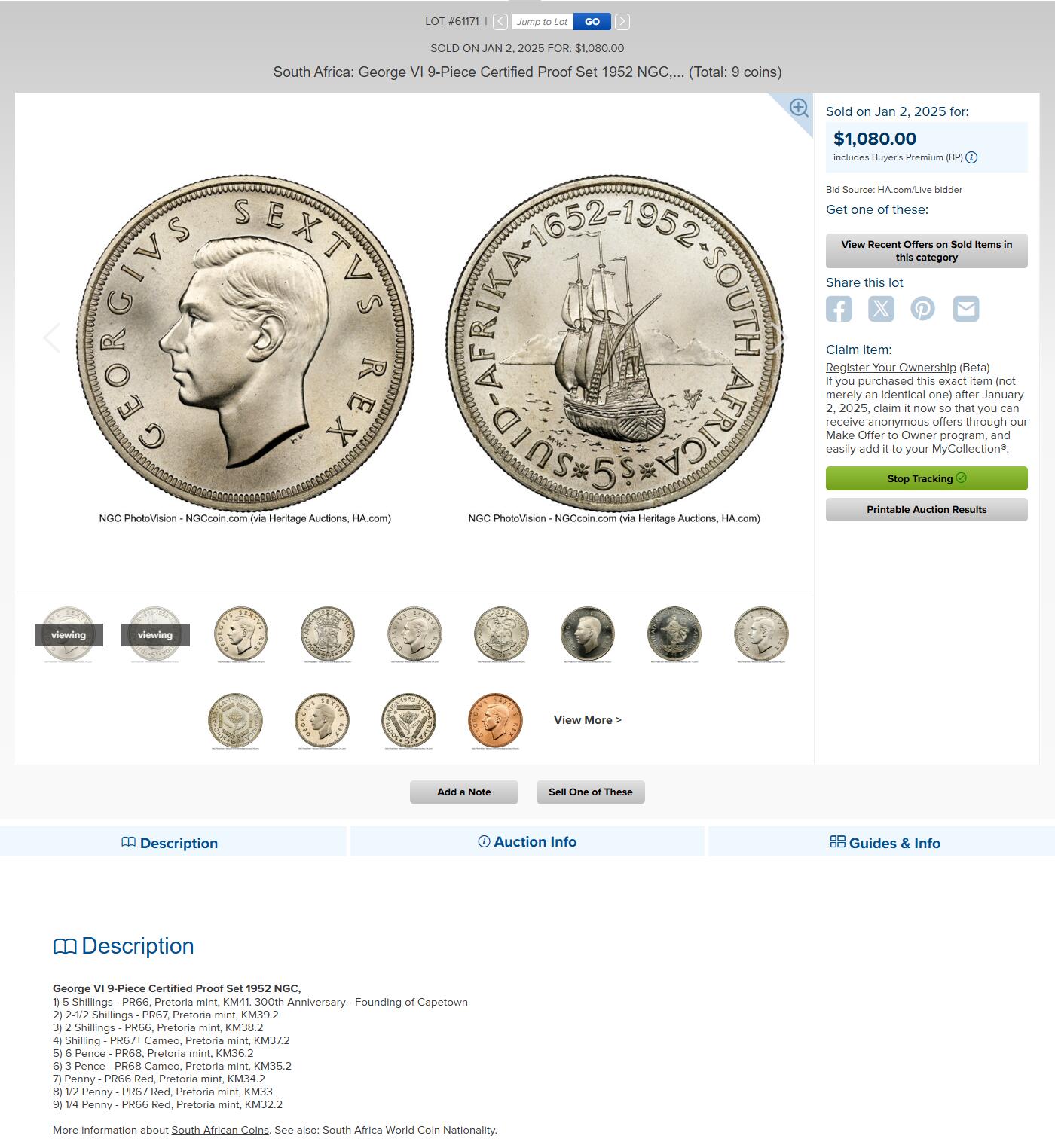 博洋堂世界钱币拍卖第147期（全场包邮） NGC PF66-68 英属南非1952年发现开普敦300周年套币 乔治六世 5先令﹣1/4便士 6枚银币分数介于66/68 3枚铜币品相近乎紫铜光绝品 整套状态一绝 高分一套集齐无需拼凑 附带造币厂原绒布盒 外拍高涨品种 参考HA2025年类似分数一套成交价1080美元