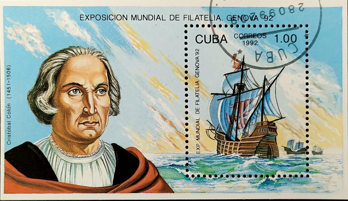 嘉禾收藏    【第385期】            无佣金、可寄存、满30元包邮 古巴邮票，1992年热那亚世界邮展,哥伦布航海五百周年·航海船只和哥伦布肖像小型张