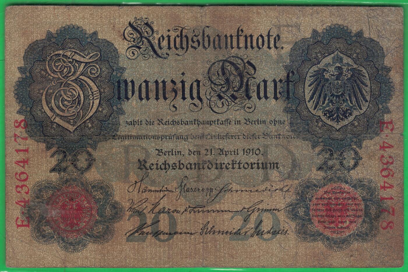 德国1910年20马克 P-40b 无水印 加盖字母F 7位号 尾8 实物图