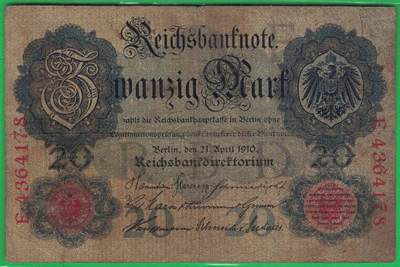 德国1910年20马克 P-40b 无水印 加盖字母F 7位号 尾8 实物图 - 德国1910年20马克 P-40b 无水印 加盖字母F 7位号 尾8 实物图