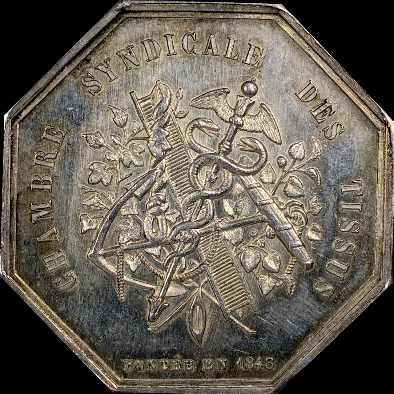 【雨安】【直播拍卖】【世界币章115期-裸币】2025-11-21 周五 19:30 保真 [章] France 章 法国 八角 1848年 纺织业协会 八角银章 18.8克