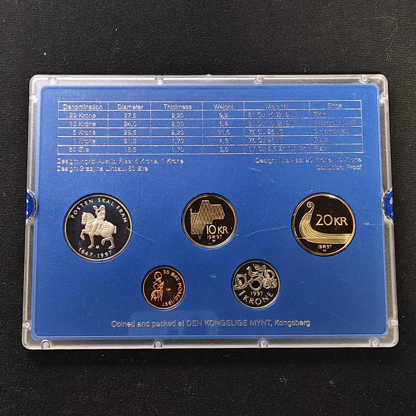 【全场包邮】纯粹捡漏拍479场（免费代拍第16场） 挪威1997年官方精制套币-中孔1克朗换版首发年份+少见邮政350周年精制纪念币