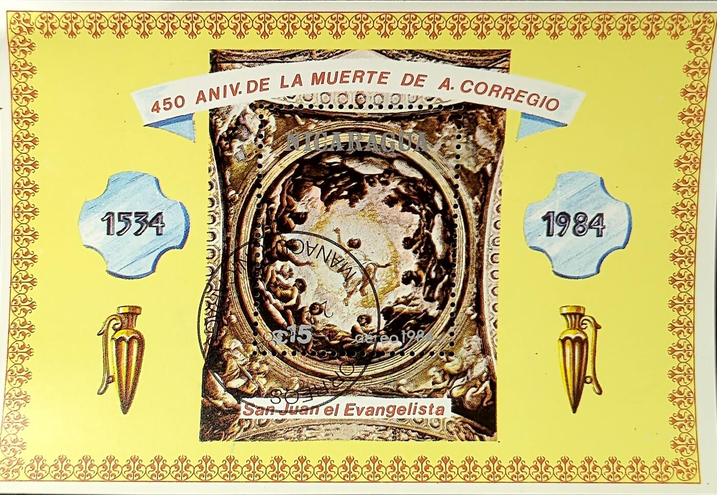 嘉禾收藏    【第385期】            无佣金、可寄存、满30元包邮 尼加拉瓜邮票，1984年纪念文艺复兴时期意大利著名画家柯雷乔逝世450周年·绘画《圣约翰福音传教士》小型张