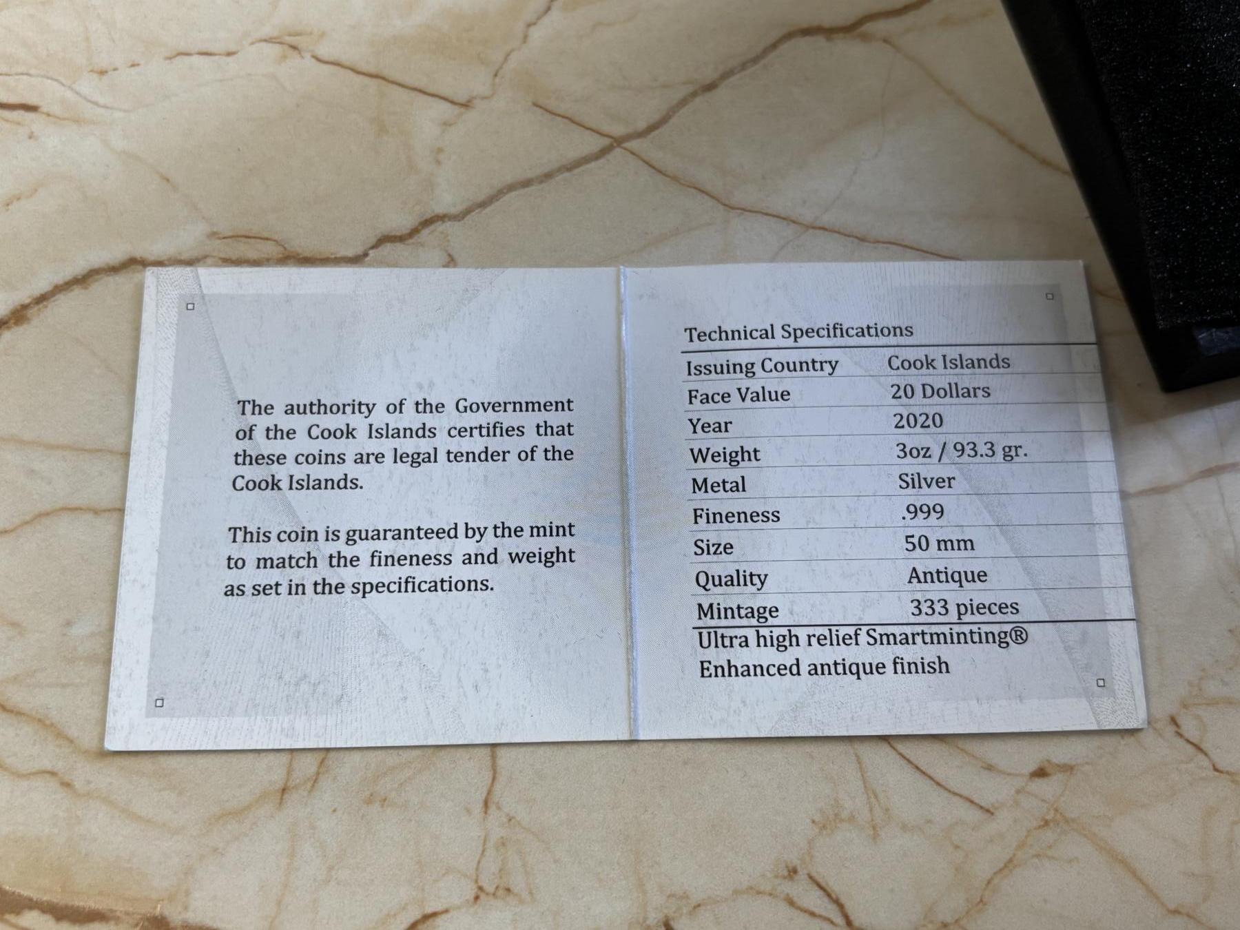 第182期拍卖 库克2020年世界之神系列4湿婆3盎司高浮雕纪念银币，999银，发行333枚