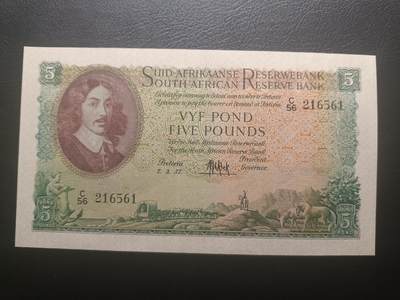2025十一月第五期，总第203期 - 南非1957年5镑AUNC南非荷兰文在前版本无47，范里贝克和大帆船，少见南非镑中高面值品种