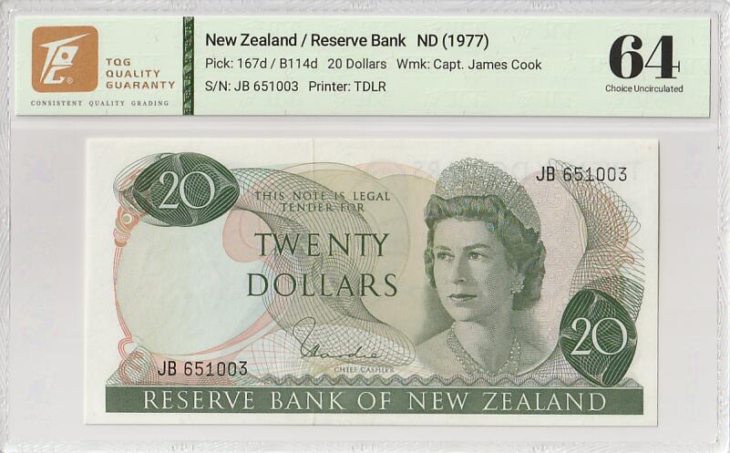 2025十一月第五期，总第203期 新西兰1977版20元TQG64分无47，仅发行两年的珍珠冠女王版本，鸽子和罗甘莓