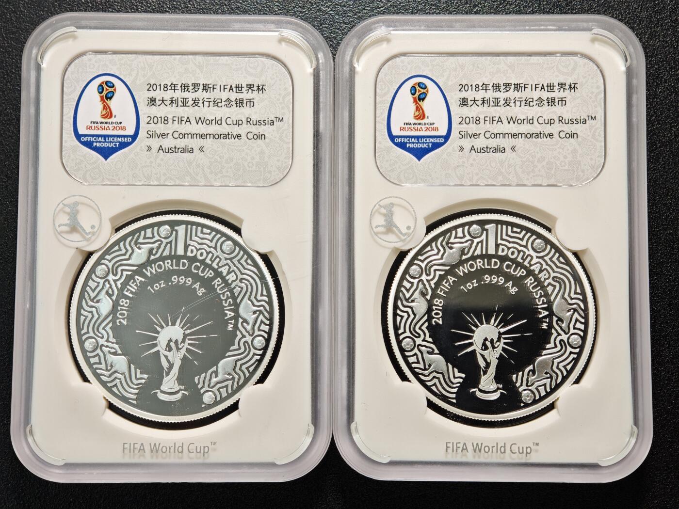 【德藏】世界币章拍卖第154期（拍品征集中~欢迎藏友联系） 2枚一组 2018年 澳大利亚俄罗斯世界杯1元纪念银币 封装版 1盎司 999银