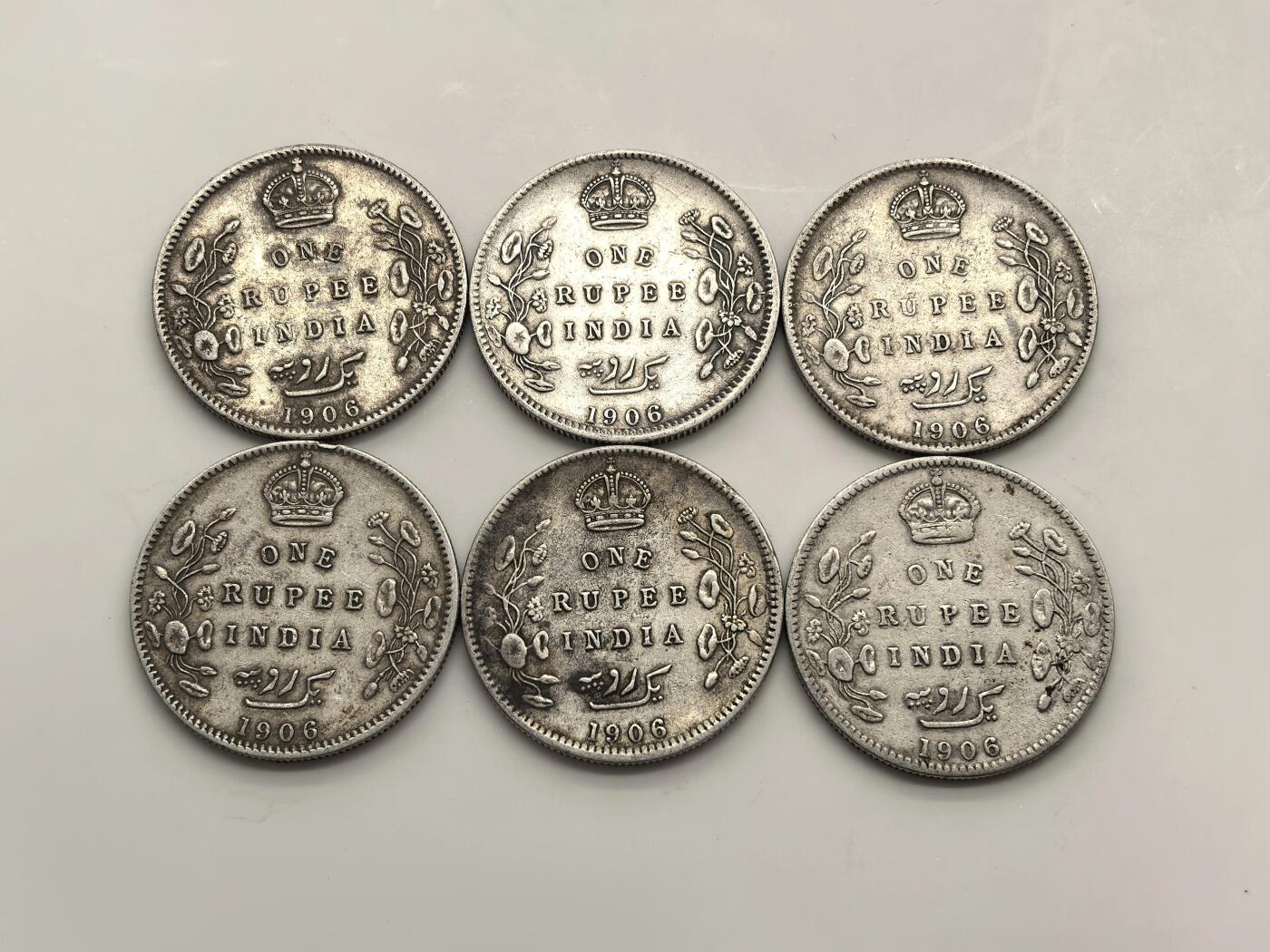 博洋堂世界钱币拍卖第147期（全场包邮） 英属印度1906年爱德华七世1卢比银币6枚一组