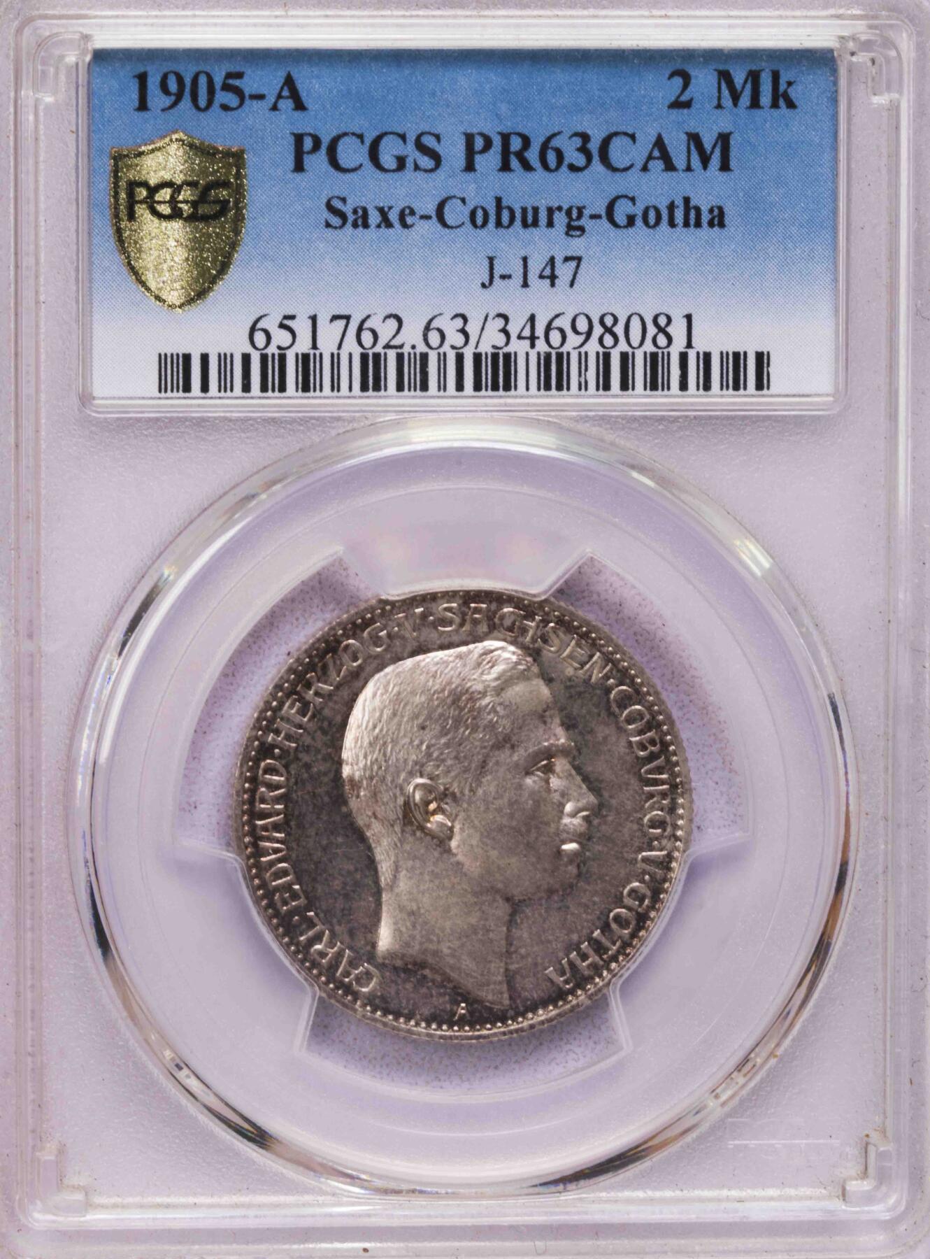 PCGS-PR63CAM 1905萨克森科堡哥萨2马克银币PF 稀有小邦