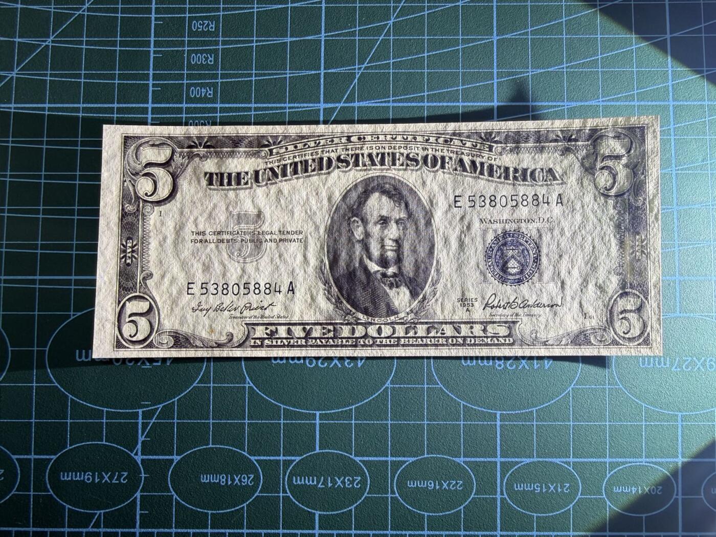 【炜奕收藏】，第五十一期 1953年美国5美元银币券，UNC品相