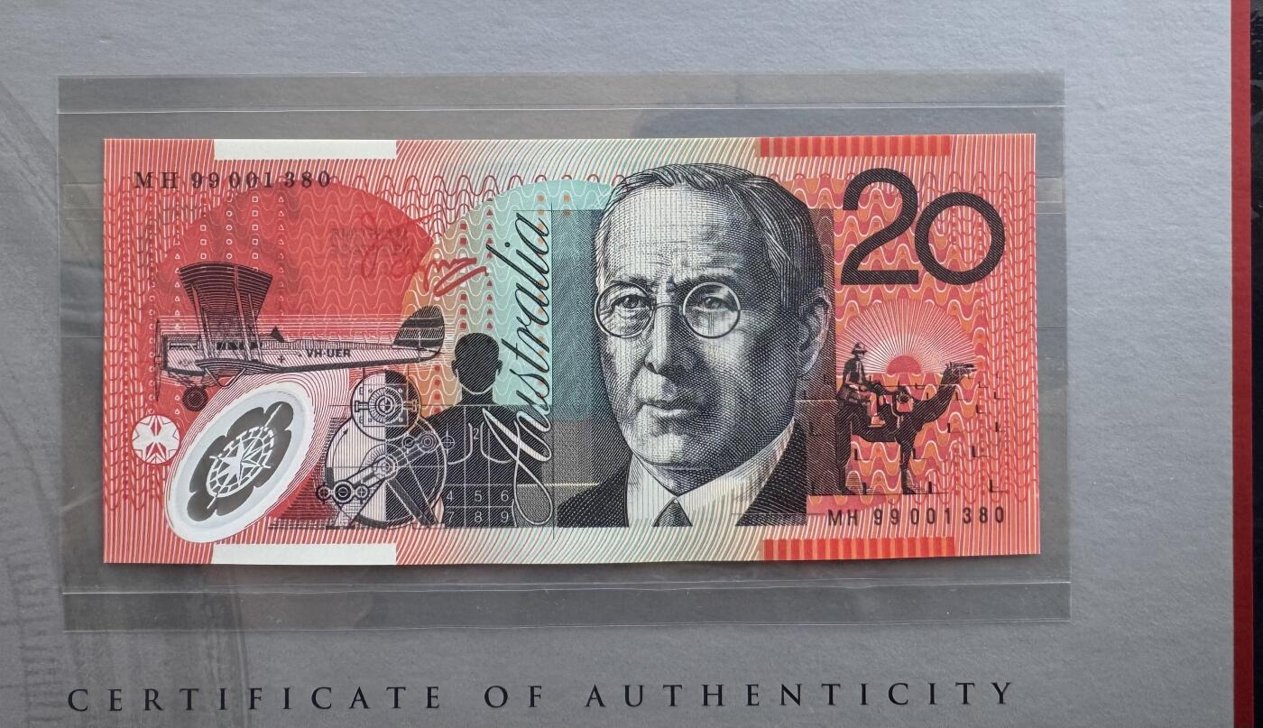 2025第25场（总第225期）：精品测试钞、纪念钞、塑料钞、连体钞综合场 黑字版MH99冠 澳大利亚海上文化遗产20元塑料纪念钞特殊加盖册装UNC（第1380号）
