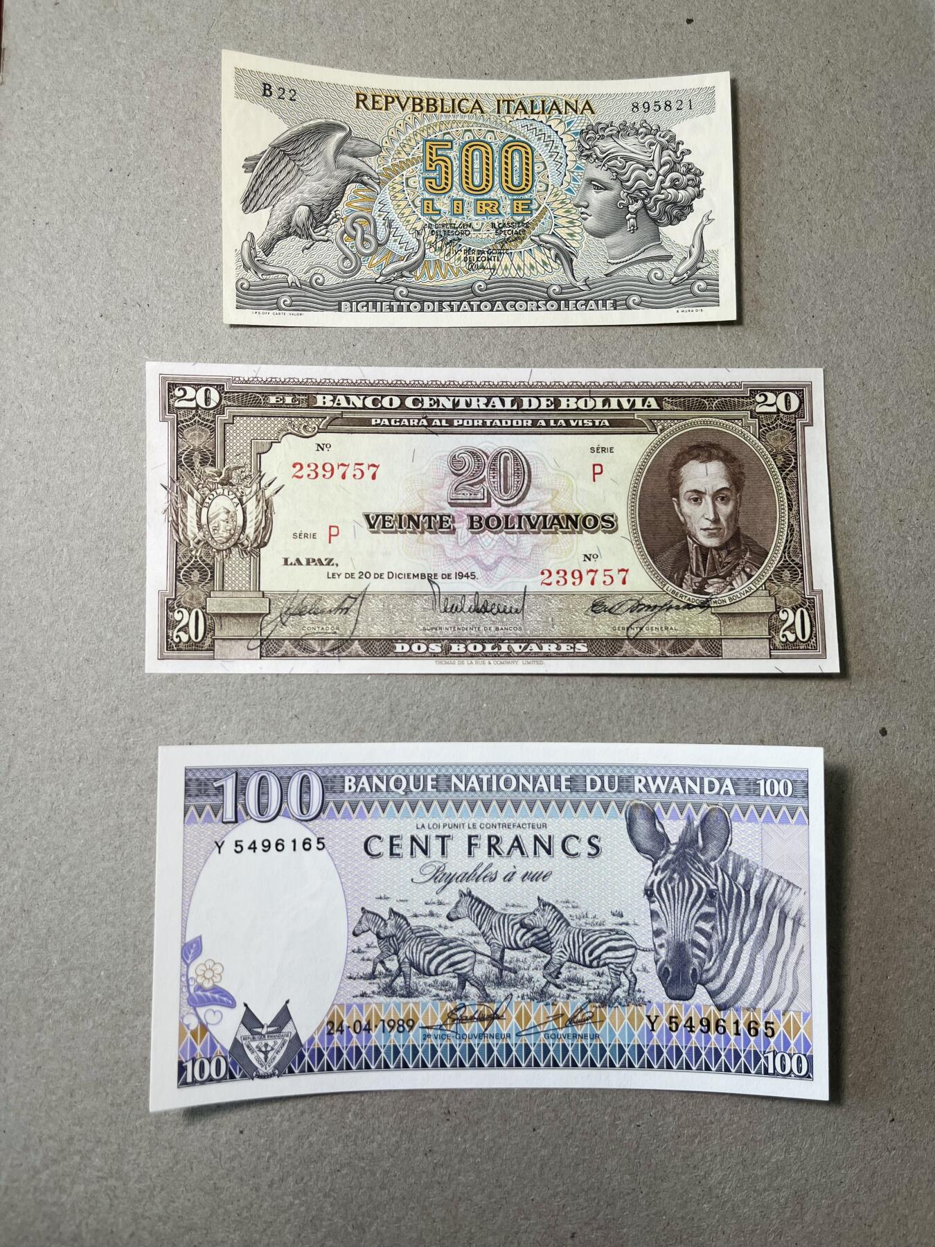 【礼羽收藏】🌏世界钱币拍卖第113期 意大利1966年500里拉，玻利维亚1945年20元，卢旺达1989年100法郎，全新UNC