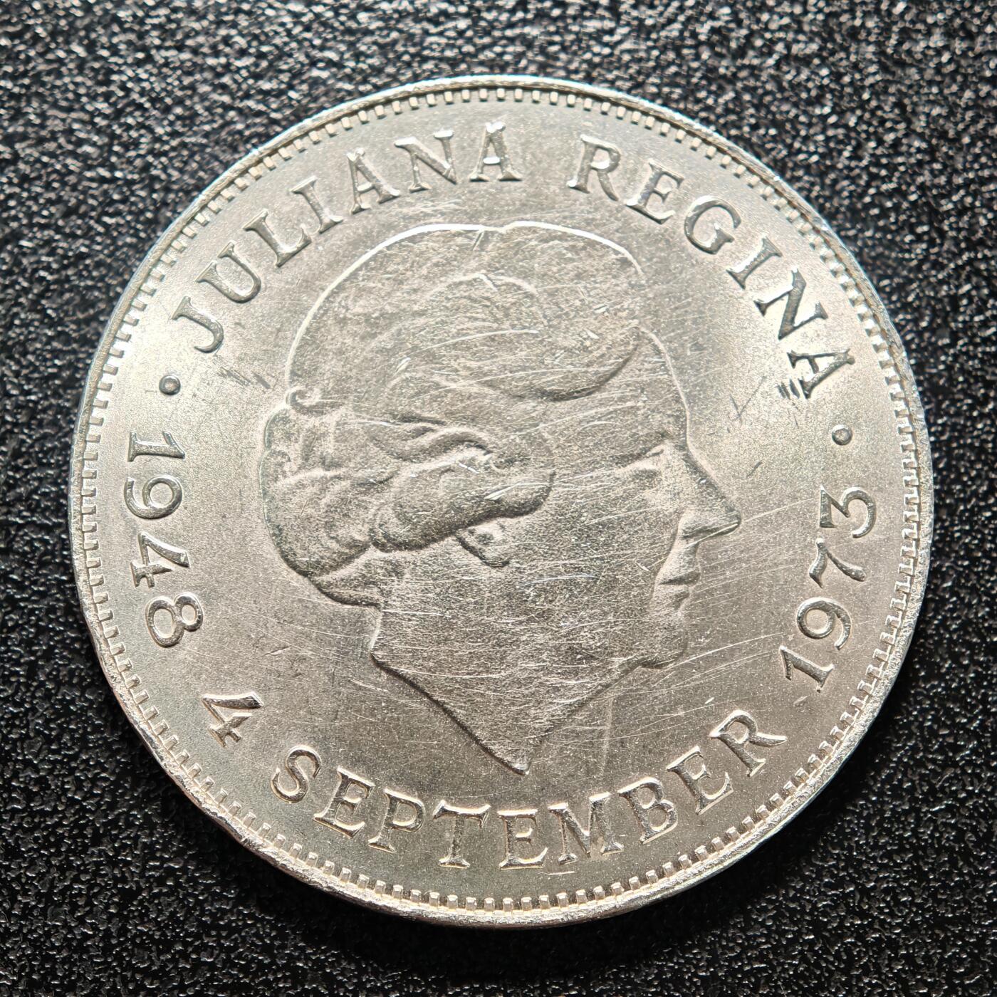 【德藏】世界币章拍卖第154期（拍品征集中~欢迎藏友联系） 1973年 荷兰朱丽安娜女王登基25周年10盾纪念大银币 直径约：37.7mm；重约：24.8g