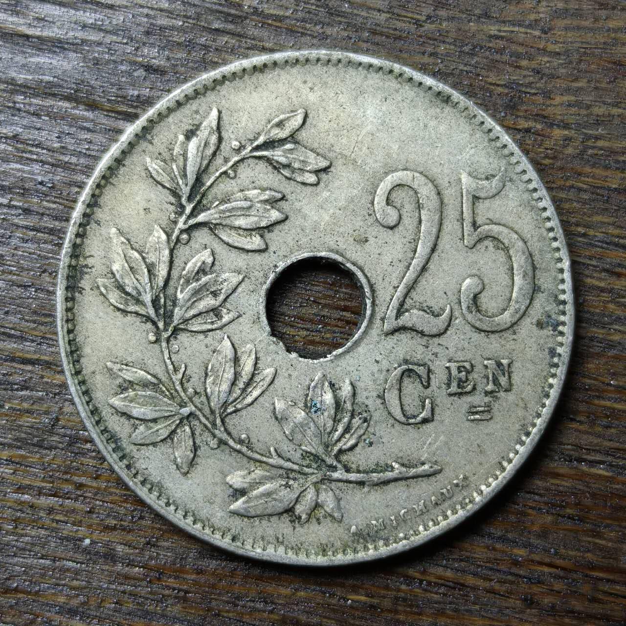 【铜匠收藏】★第132场★散币场，无佣金，30包邮。不满30元，支付5元运费。《接受代拍 代送NGC评级》 比利时 1921年 荷兰文版 25分 中孔镍币