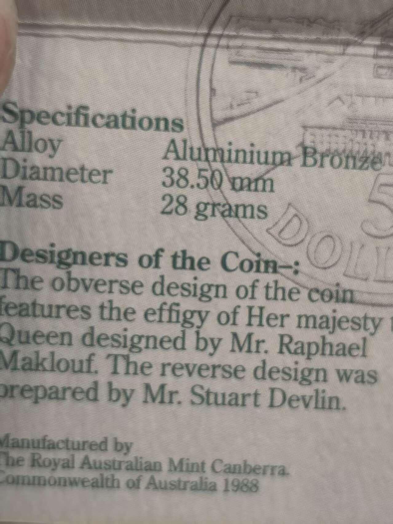 G&W世界散币，银币处理专场（第37场） 澳大利亚1988年5元  新议会大厦启用