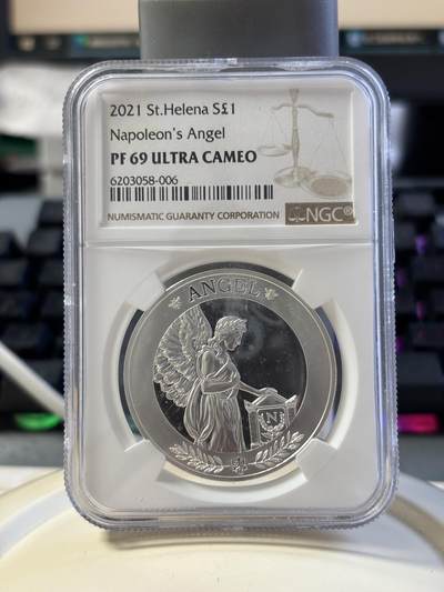 第182期拍卖 - 圣赫勒拿2021年拿破仑天使女神1盎司精制银币NGC-PF69原盒证书，999银，发行1821枚