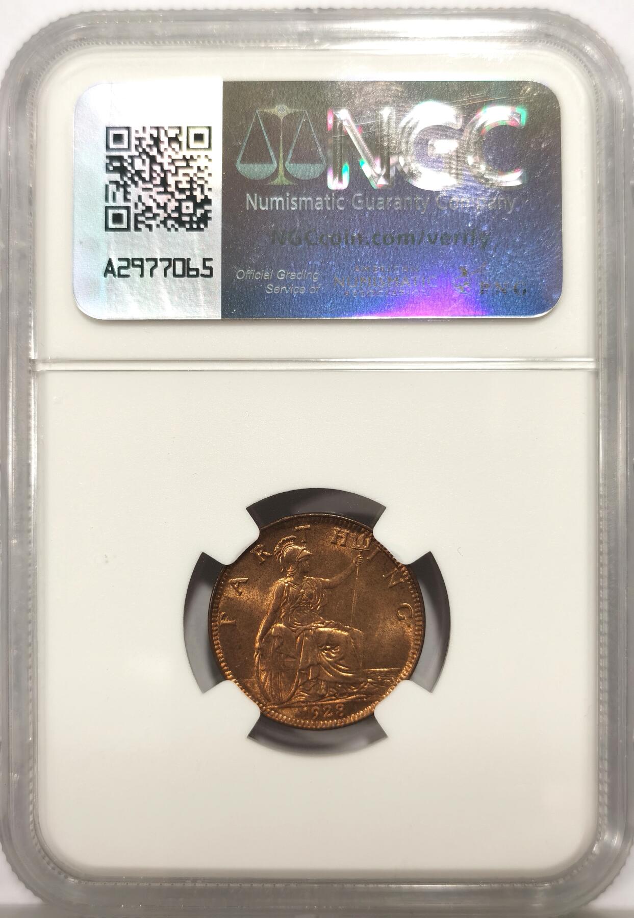 博洋堂世界钱币拍卖第147期（全场包邮） NGC MS65RB 英国1928年乔治五世小法新铜币 又名1/4便士 卷拆高分 铜色闪闪 似金币般耀眼 少见未流通 无氧化状态