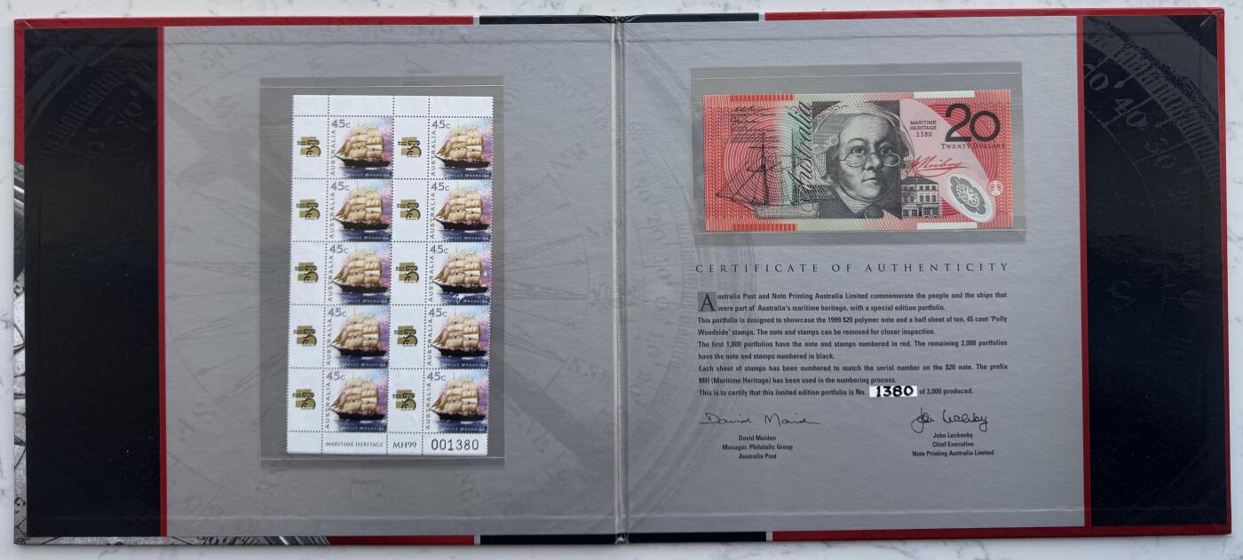 2025第25场（总第225期）：精品测试钞、纪念钞、塑料钞、连体钞综合场 黑字版MH99冠 澳大利亚海上文化遗产20元塑料纪念钞特殊加盖册装UNC（第1380号）
